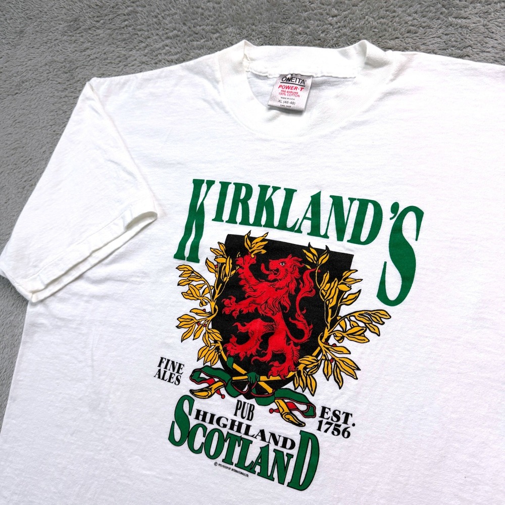 Vintage Oneita Power-T Kirklands Pub Scotland T-Shirt XL White Made in USA
